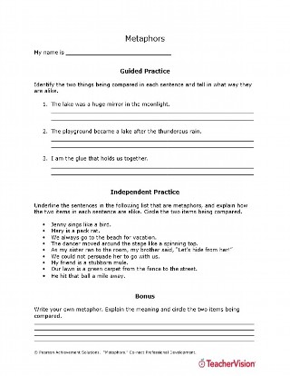 Writing Metaphors Guided and Independent Activities Worksheet