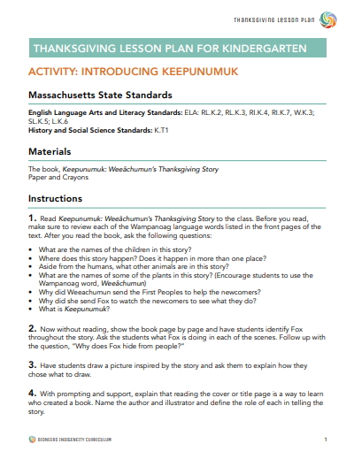 Native American Lesson Plan for Kindergarten - Thanksgiving - Bioneers