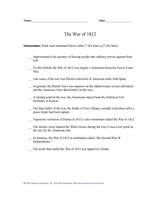 War of 1812 True-or-False Activity